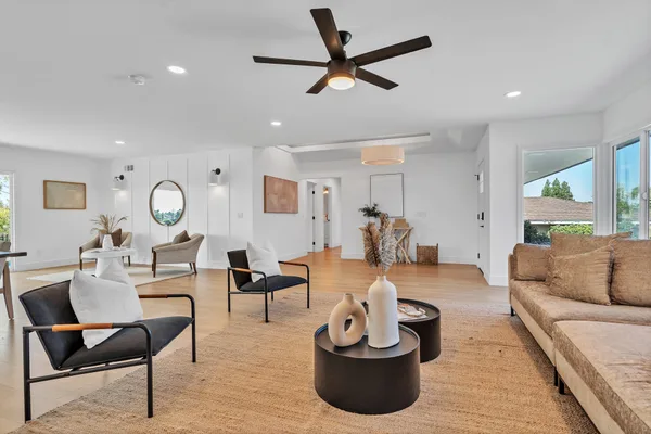 Recessed lighting and fan layout in a renovated Del Cerro ranch