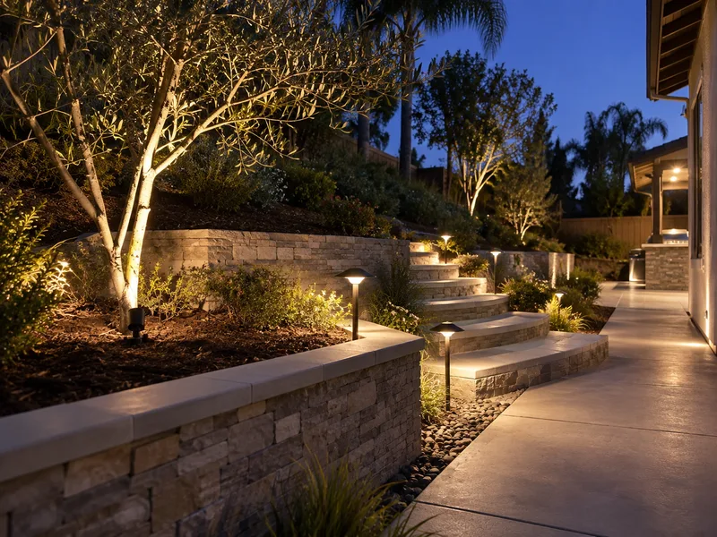 Landscape lighting illuminating a property at dusk