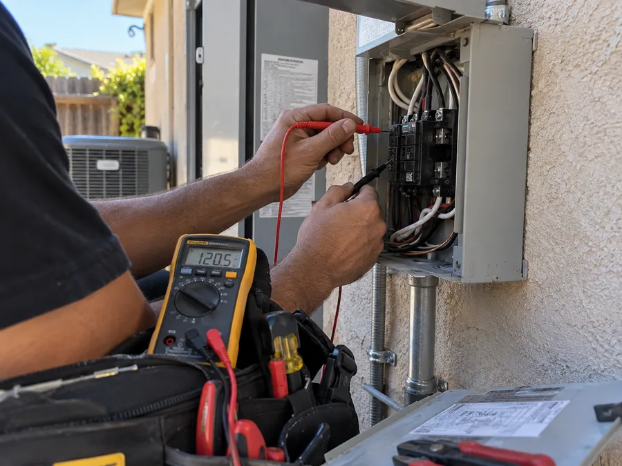 Electrician testing a residential electrical circuit with a multimeter