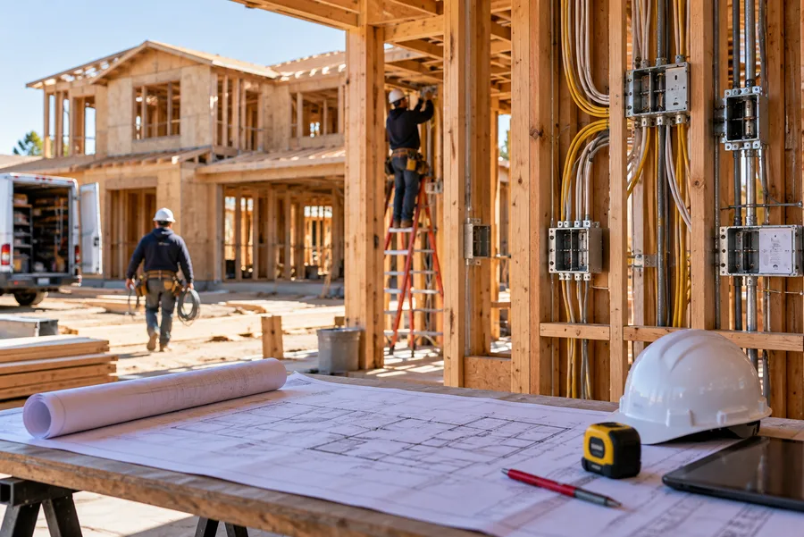 JIC Electric running electrical rough-in on a framed residential job site