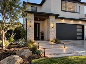 Completed custom home exterior in daylight