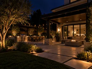 Home exterior lit at night by landscape and architectural lighting